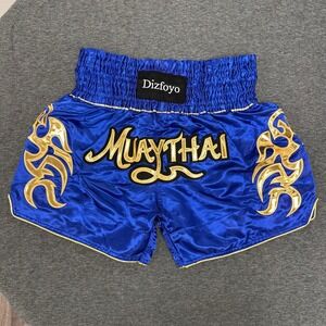 Dizfoyo Muay Thai Boxing Shorts Royal Blue Gold Trim Men Women Unisex Elastic XL